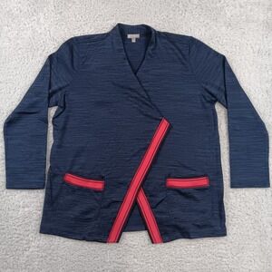 T by Talbots Wrap Cardigan Womens LP Navy Blue Red Trim Space Dye 07052